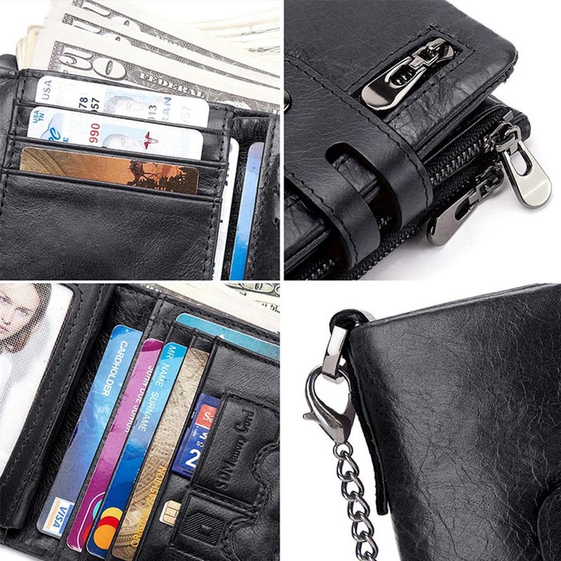 boshiho Real Leather RFID Blocking Bifold Wallets for Men Double Zipper Coin Pocket Purse with Anti-Theft Chain (Black-2) - Image 4